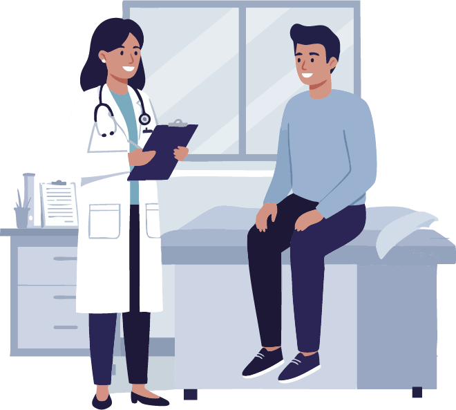 Médica conversando con un paciente en la consulta