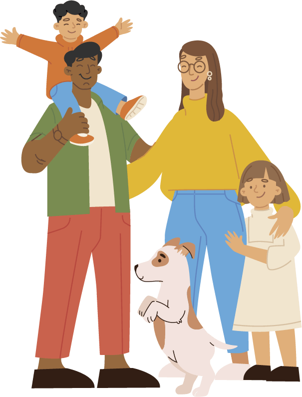Familia feliz junto a su mascota